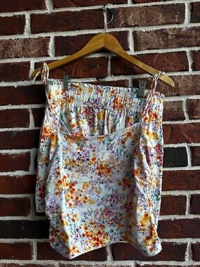 H&M White Floral Smocked Top with Orange, Purple & Green Accents